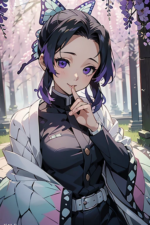 Ultra-realistic 8K CG，tmasterpiece，（（Ultra detailed backgrounds，delicate patterns，Best intricate and detailed quality，very vey very detailed face，extremely detailed eye and face，Very detailed eyes，kochou shinobu，O cabelo multicolorido，No bangs，Hair intake，Purple Eye，Forehead，Black shirt，Black pantsuit，haori，butterflys，Strip strip，（Torpical Garden：1.2），purple flower，Mostly cloudy sky，rays of sunshine，Tindall Effect，gradient_skyporn，faces，Beautiful sky，Saber on the waist，enchanting posture，full bodyesbian、（onepiece:1.5)、perfect hands perfect fingers perfect breasts perfect hair perfect face perfect body