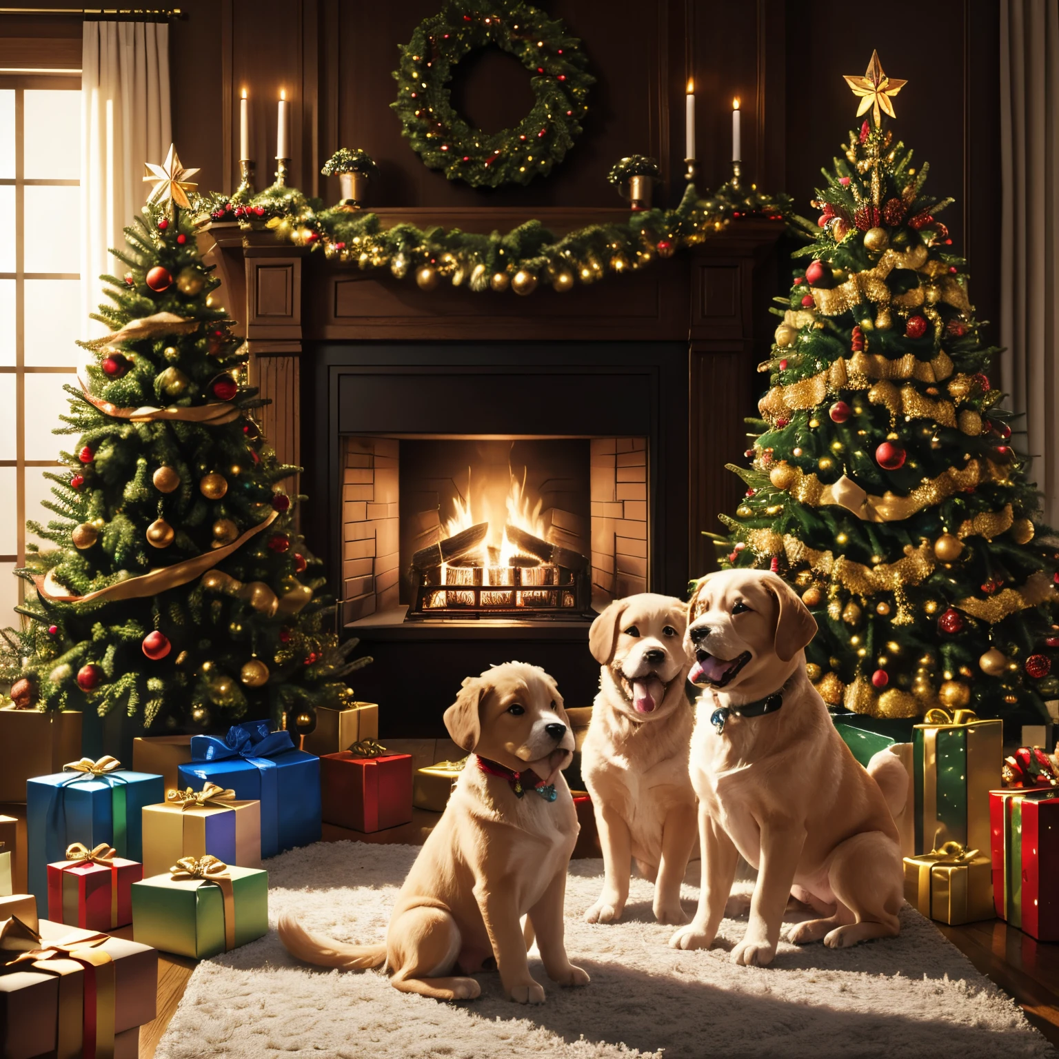 super high quality, 8k, RAW photo, realistic, detailed and delicate depiction and flashy and dynamic painting method, The whole family is having fun decorating the Christmas tree, background living room, fireplace, puppy