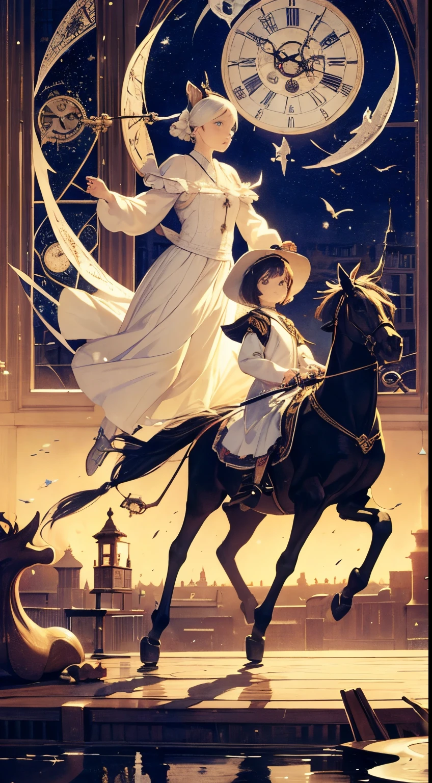 Charles Robinson, Linda Ravenscroft, Dadaism, wonder, strange, fantastical, fantasy, Sci-fi, Japanese anime, rocking horse, flying beautiful girl, seahorse, inside the clock tower, diffused reflection, detailed masterpiece perspectives