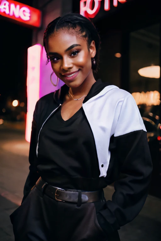 ((attractive brown skin,girl with dimples)),((Warm smile and dimples)),((Wearing black clothes)),((Posing))she a petite woman((hyper realisitc))((Perfect hair slicked back))((girl with dimples))A charming girl,She petite,standing outside a club ready to party ((hyper realisitc))tmasterpiece,Female photographer,exteriors,XTarticles,tmasterpiece,hyper realisitc。textures true to reality,