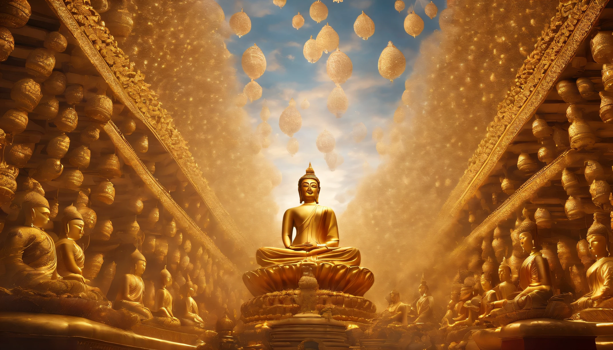 ecstasy ,Thousands of Buddhas floating in the sky,Standing in the clouds, Thousands of Buddhas dressed in white, Put your hands together and pray for this moment. The scene magnificent、hyper realisitc. (Best quality, 4K, 8K, A high resolution, tmasterpiece:1.2), ultra - detailed, (actual, realistically, actual:1.37), portrait of, vibrant with colors, The studio lights up, Focus sharp, physically-based renderingt, Extremely detailed description, The subject,The grand atmosphere of the Saha world, radiant light.Divine brilliance,