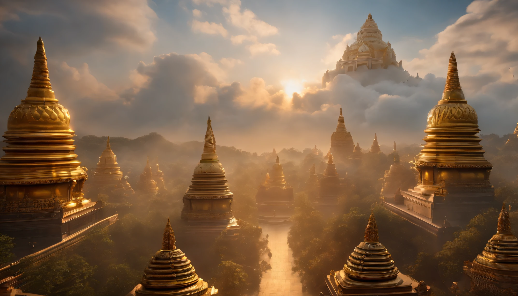 ??????? ,Thousands of Buddhas floating in the sky,Standing in the clouds, Thousands of Buddhas dressed in white, Put your hands together and pray for this moment. The scene magnificent、hyper realisitc. (Best quality, 4K, 8K, A high resolution, tmasterpiece:1.2), ultra - detailed, (actual, realistically, actual:1.37), portrait of, vibrant with colors, The studio lights up, Focus sharp, physically-based renderingt, Extremely detailed description, The subject,The grand atmosphere of the Saha world, radiant light.Divine brilliance,