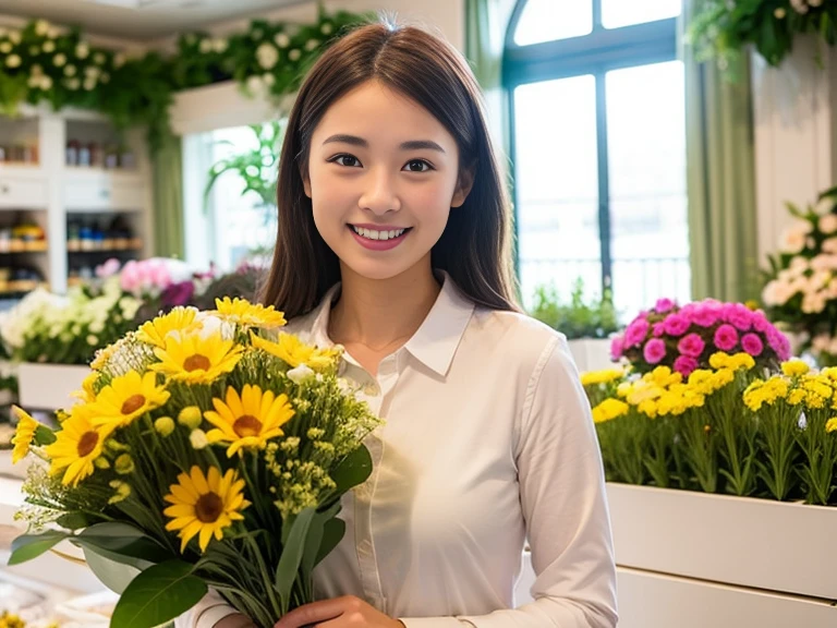 natural soft light、Flower Shop、Smiling female clerk holding a bouquet in the flower room(top-quality、​masterpiece:1.2)、twogirls))