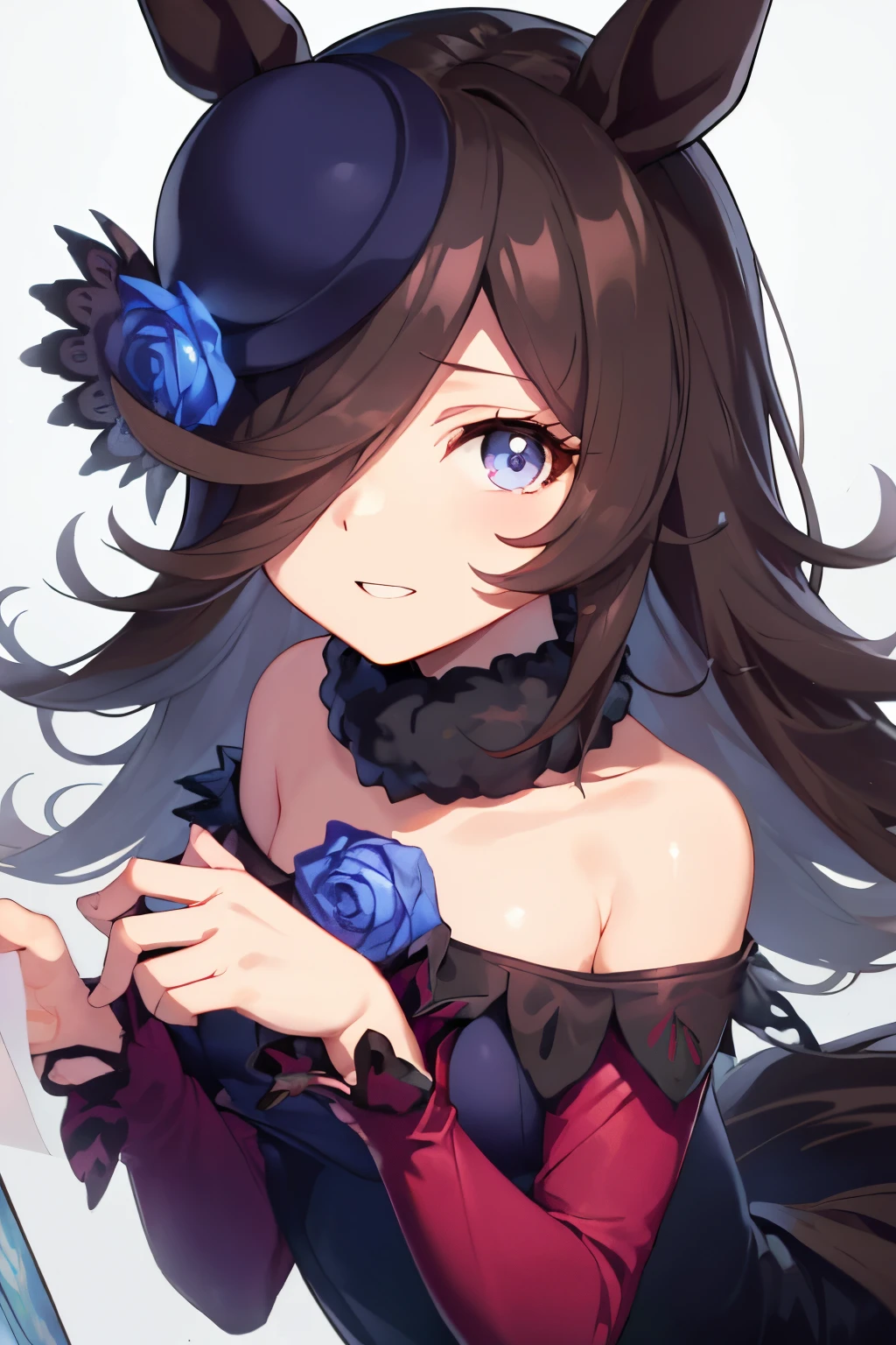 (masutepiece.top-quality).(Dynamic Angle). (Very spectacular detail CG painting),(image perfect)、comic strip.Illustration.1 girl in.Detailed face、face perfect.delicated face、girl in delicate clothes、Textured skin、Black hair.long、(Horse-eared girl)Horse-eared girl、((Beautiful blue eyes)).Delicate and beautiful eyes、Eyes written in detail、Reflected eyes、smil.(gazing at viewer:1.3).(A little red in the face:0.8)、8k wallpaper、cowboy  shot、Reflected Light、highestdetailed、Convoluted、Delicate background、Textured skin、Detailed skin、(ultra res)、