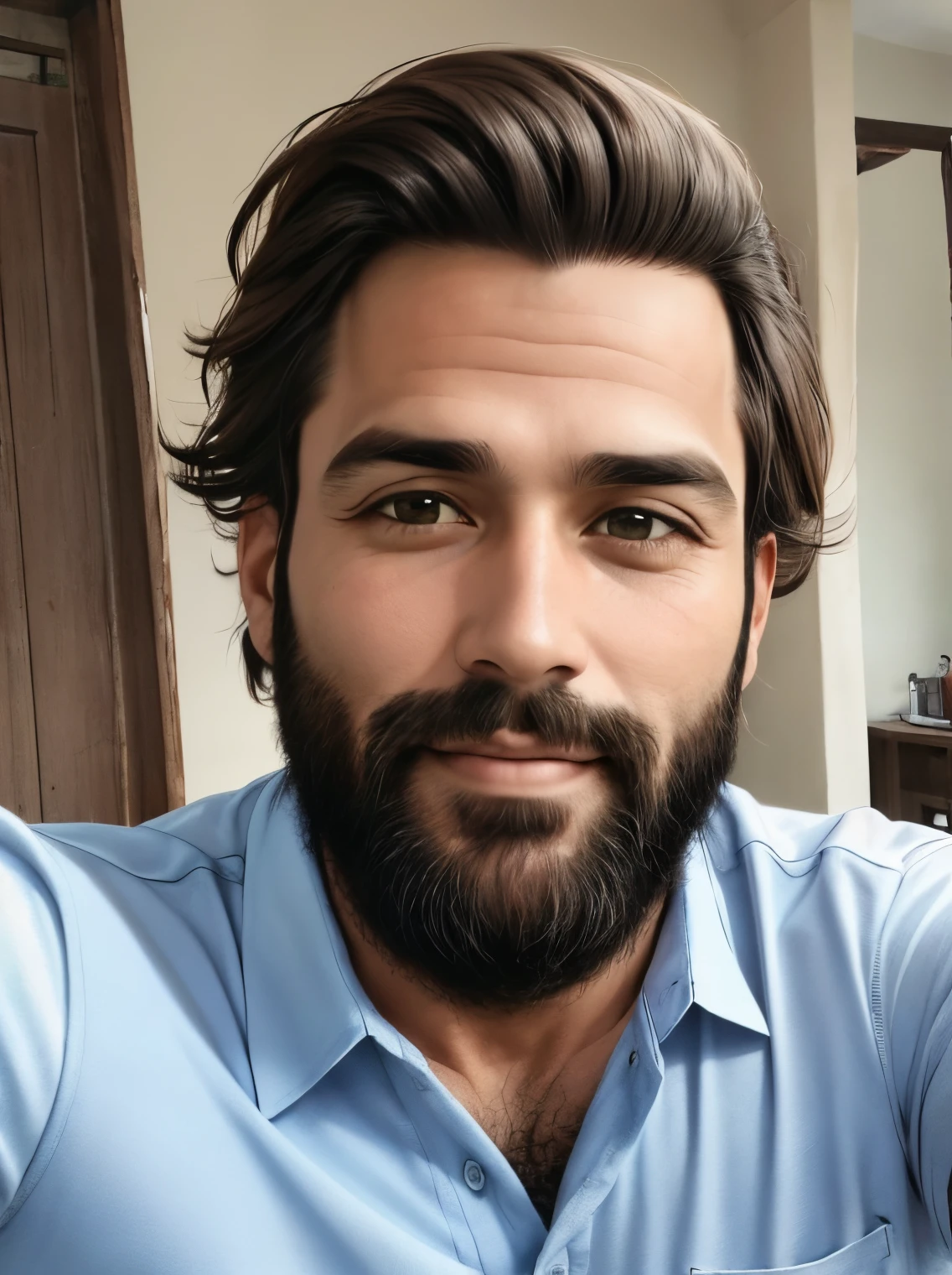 Homem cabelo castanho e curto com barba pequena fazendo selfie, vestindo camisa polo, na fazenda perto de gados