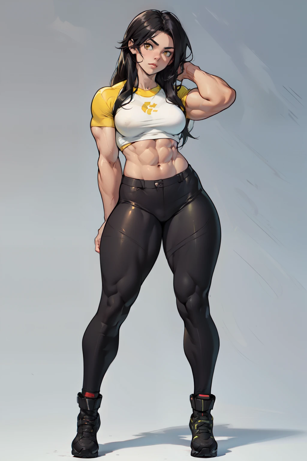 (((((muscular 1girl))))) ((((thick thighs toned body small breasts)))) (pale skin) black hair yellow eyes very long hair ((full body)) tight shirt tight pants