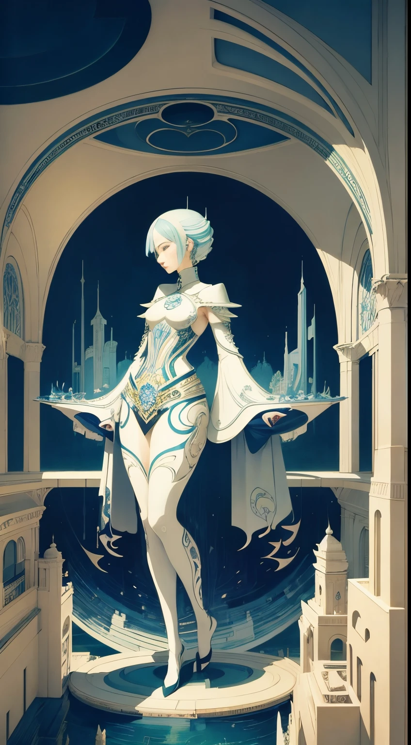 Kay Nielsen, shinya komatsu, Dadaism, wonder, strange, fantastical, fantasy, Sci-fi, Japanese anime, amphitheater of colorful building blocks, beautiful singing girl, perfect voluminous body, detailed masterpiece
