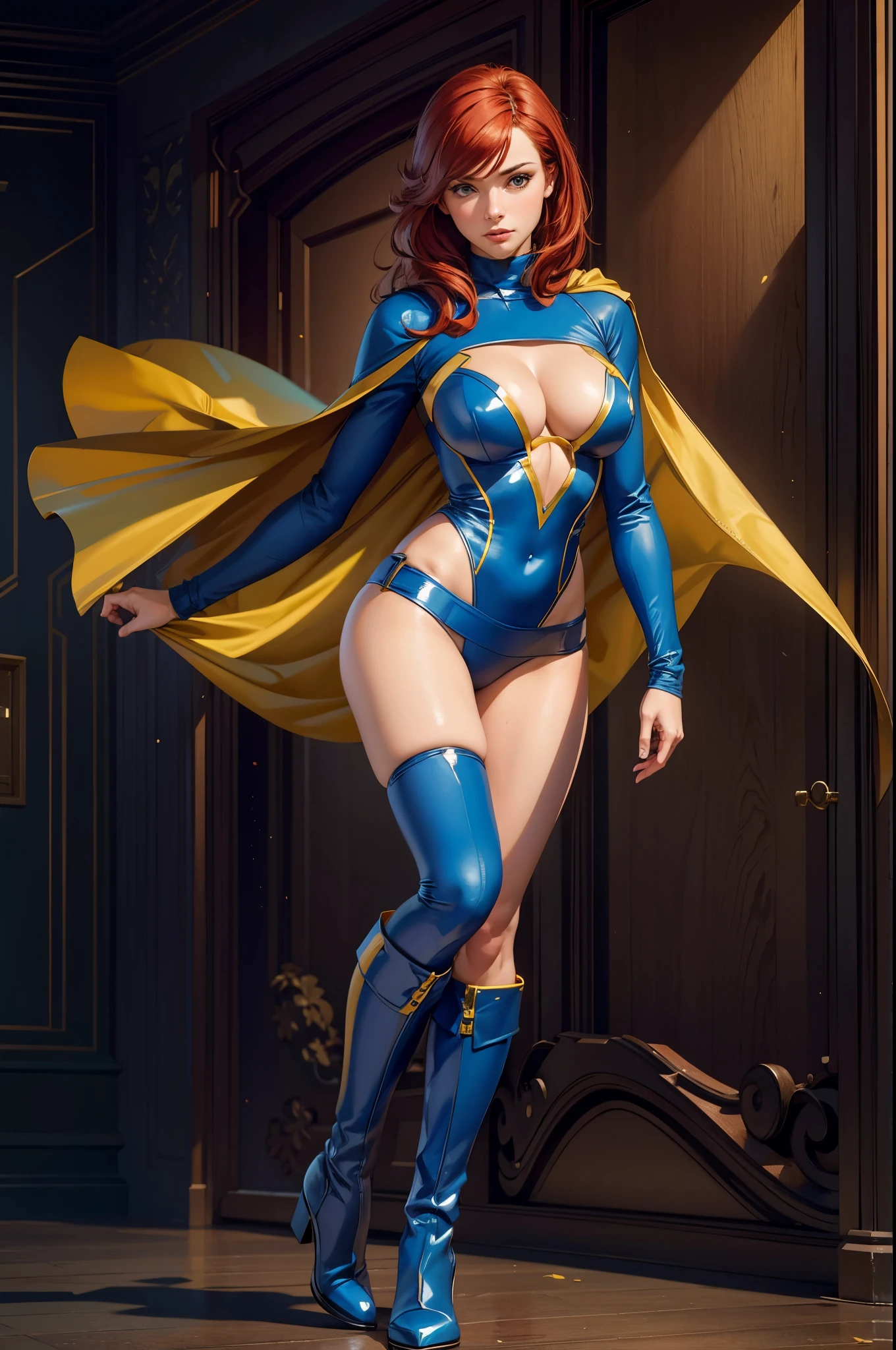 POV, (masterpiece:1.3), high resolution, ultra detailed, extremely detailed CG unity 8 k, (realistic, photo-realistic:1.3, RAW photo:1.2), beautiful detailed face, realistic skin, detailed cloth texture, high detailed hair texture, Perfect proportion, beautiful face, accurate, anatomically correct, highly detailed face and skin texture, natural neck lenght, (beautiful hands), (fair skin:1.2), thin legs, thin feet, long legs, high detailed legs texture, BREAK (1 girl:1.3), ((blue leotard, turtleneck, long sleeves:1.2)) ((yellow cape)), BREAK ((red hair)), bare legs, ((yellow miniskirt)), (((cleavage cutout))), (slender figure), (thigh-high matching red boots), ((full body shot:1.2)), BREAK ((She is in an dinamic pose:1.2)), BREAK, (hands_with_5_fingers), (perfect_hands), (perfect_fingers), (perfect_legs), (better_hands), More Detail