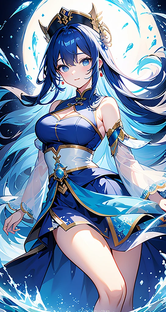 Ancient Chinese song girl、Enchanted expression、Full body concept design、Eye focus，The blue flowing skirt exposes the neck and shoulders、loose tunic、Complex design，Hats，white backgrounid，game mode lighting， c4d，oc rendered，cinematic rim light，The light  very delicate，tmasterpiece，ultra - detailed，Epic work，hyper HD，high high quality，Best quality，32K