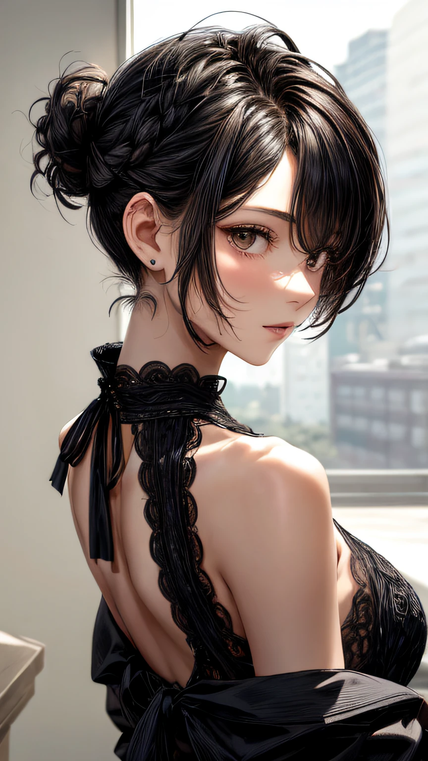 (masterpiece), (best quality), {girl|lady}, looking at viewer, {day|night}, {indoors|outdoors}, {short hair with natural waves|Shaggy cut|Long bold side bangs|Curly hair|Neat ponytail|Sleek pixie cut|High top knot with twist braids|Voluminous updo|Undercut}