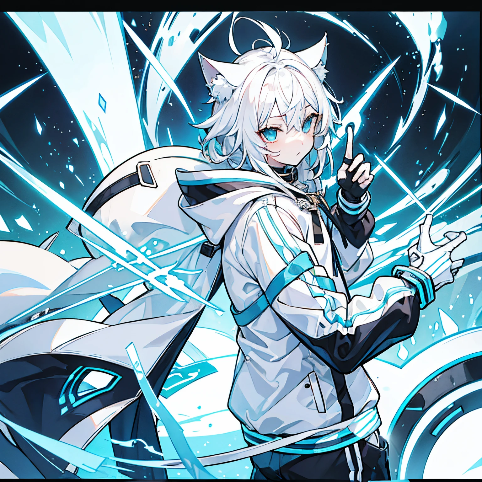 White hair，cat ear，youth，light blue  eyelack hooded jacket，Black half-finger gloves，（（tmasterpiece，Best quality at best））