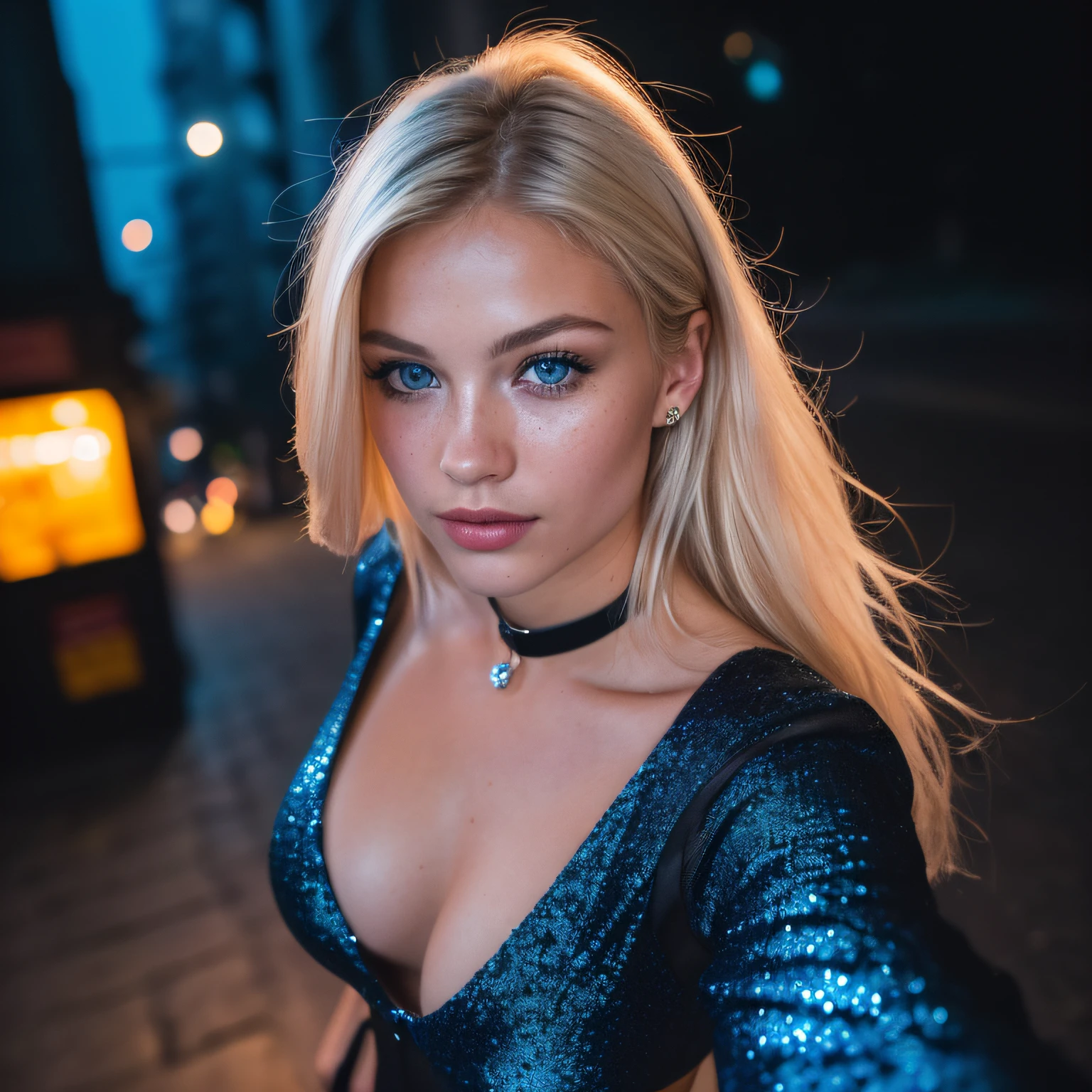 (selfie, top view: 1.4), (straight half of the body: 1.4), RAW UHD portrait photo of a 24-year-old blonde (blue-eyed woman) walking down a dark alley, large breasts,, city at night, (lingere), (neckline), details (textures! , hair! , glitter, color!! , disadvantages: 1.1), glossy eyes with high detail (looking at the camera), SLR lighting, SLR camera, ultra-quality, sharpness, depth of field, film grain (center), Fujifilm XT3, crystal clear, frame center, beautiful face, sharp focus, street lamp, neon lighting, bokeh (dimly lit), night, (night sky), detailed skin pores, oily skin, sunburn, complex eye details, full body