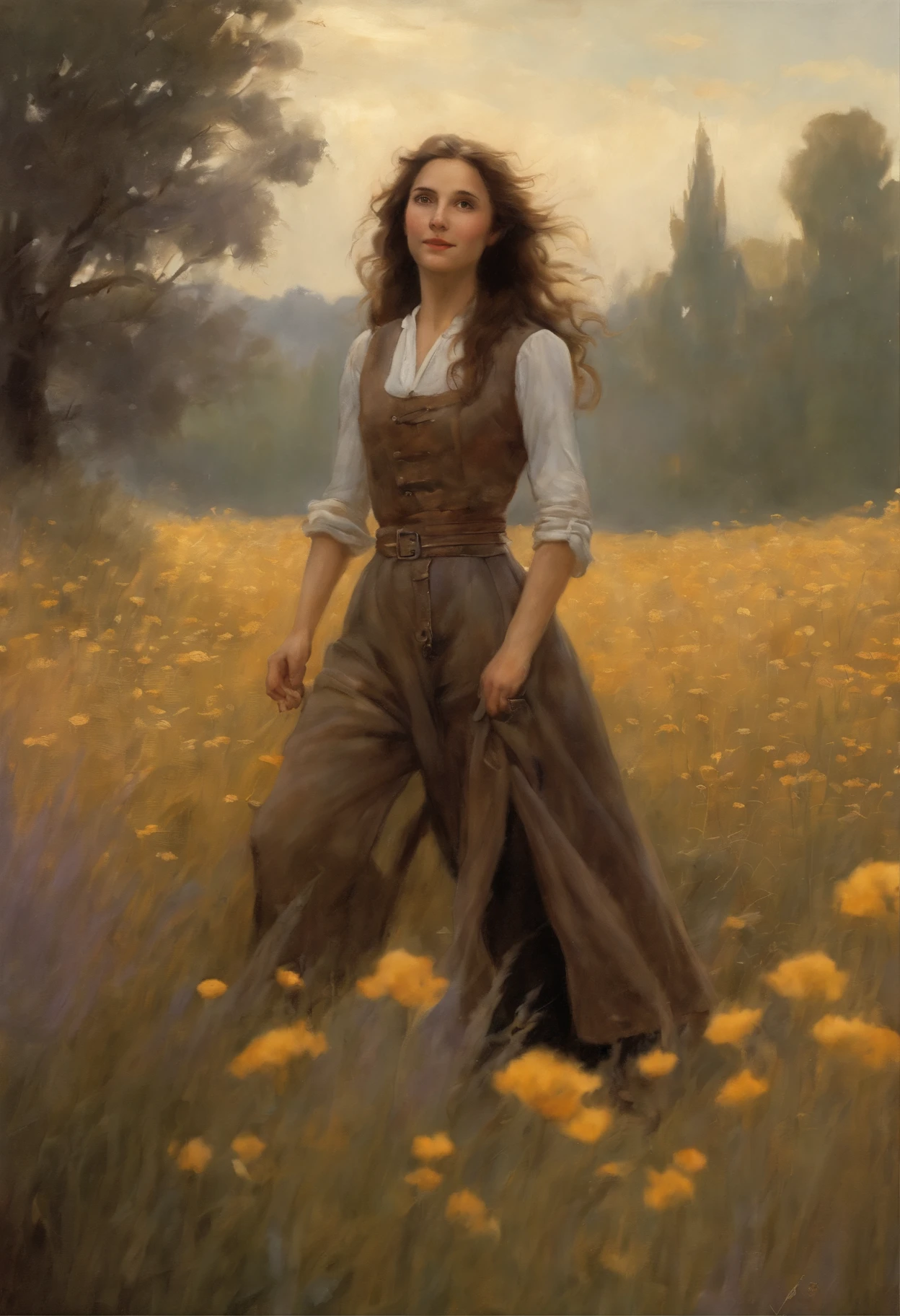 真实感, dark fantasy style, John Tolkien style, Small painting by Jean-Baptiste Monge, Soft facial features, Rocker Girl, Smiling broadly, laughs out loud, Looking into the distance smiling broadly, long wavy darkbrown hair, hair blowing in wind, Smiling, laughting, stands in the center of a lavender field, In a short dark leather shirt, Shirt...., Shorts, Jeans, half trousers, mischievous character, I'm standing next to a bicycle, early morning, lavender field Jean-Baptiste Monge, anthropomorphic --ar 2:3 --testp -optimistic;