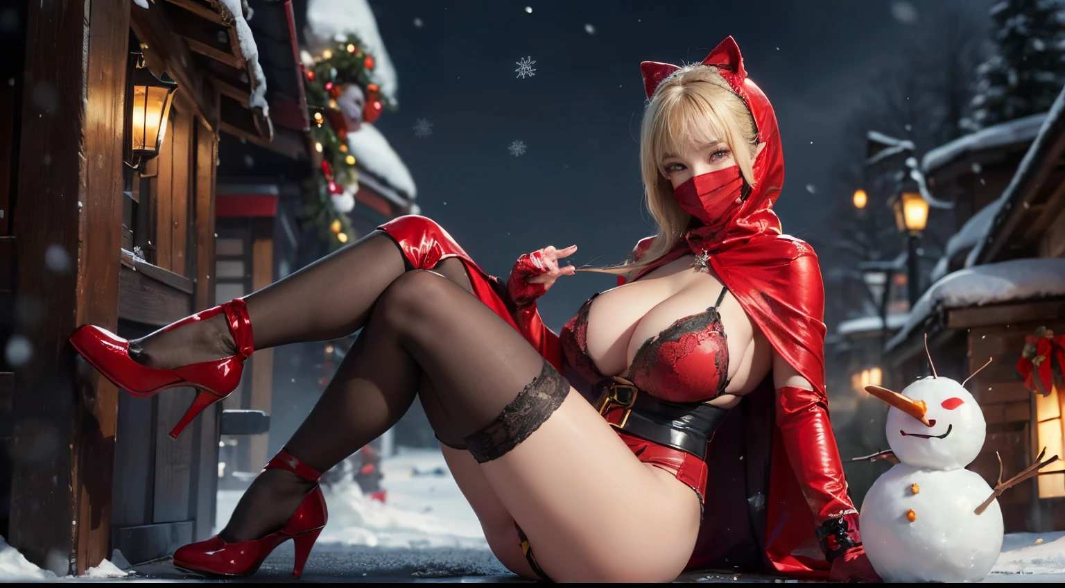 ((best quality)), ((masterpiece)), (detailed), perfect face, ((Big tits)), asian girl, red christmas outfit, lingerie, stocking, xmas, beautyful face, ((stocking)), ((she wearing a red mask)), high heels, ((she wearing a red hood)), ((blonde straight hair)), ((detailed eyes)), it is snowing in the background, (one snowman in the background)