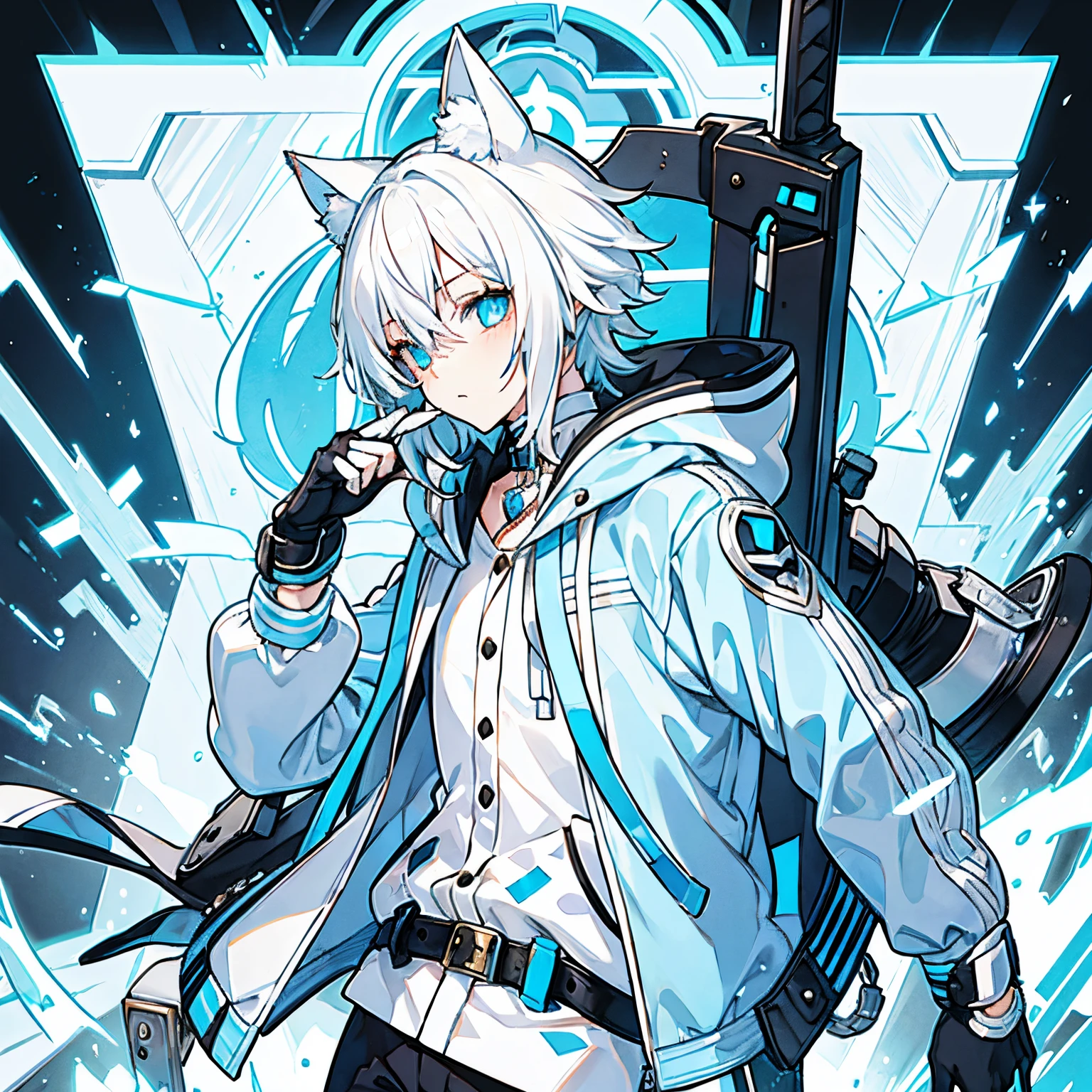 White hair，cat ear，youth，light blue  eyelack hooded jacket，Black half-finger gloves，（（tmasterpiece，Best quality at best））