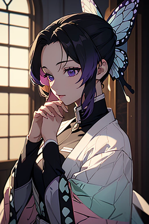 Ultra-realistic 8K CG,tmasterpiece,((Ultra detailed backgrounds,delicate patterns,Best intricate and detailed quality,very vey very detailed face,extremely detailed eye and face,Very detailed eyes,kochou shinobu,O cabelo multicolorido,No bangs,Hair intake,Purple Eye,Forehead,Black shirt,Black pantsuit,haori,butterflys,Strip strip,(Dark indoor:1.2),Tindall Effect,gradient_skyporn,faces,Saber on the waist,enchanting posture,full bodyesbian、(onepiece:1.5)、perfect hands perfect fingers perfect breasts perfect hair perfect face perfect body
