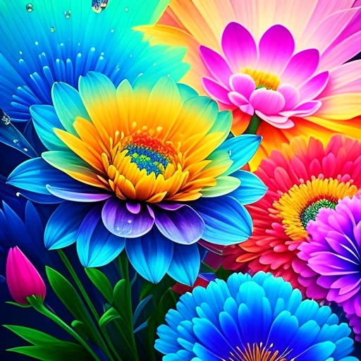 Close-up of a bouquet of flowers with water drops, Eine magische bunte Blume, satte Blumenfarbe, Magische Blumen, Lebendige und satte Farben, Colorful alien flora, bunte Blume, Bunte Blumen, Bunter HD-Tropfen, lebendig und farbenfroh, beautiful art uhd 4 k, Beautiful and colorful, Neonblumen, strong and vibrant colors, Farbenfroh und lebendig, Komplexe, lebendige Farben