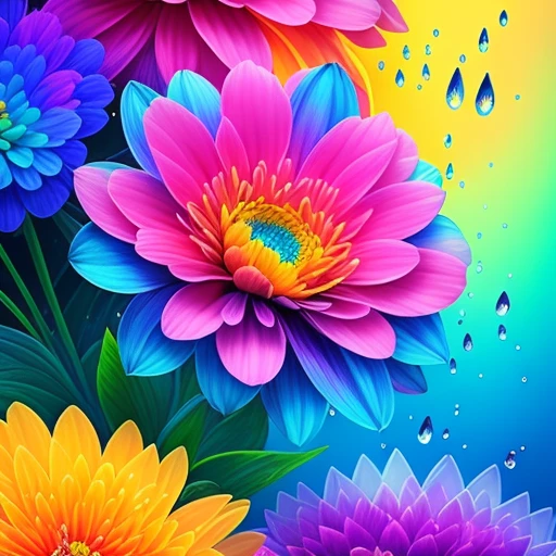 Close-up of a bouquet of flowers with water drops, Eine magische bunte Blume, satte Blumenfarbe, Magische Blumen, Lebendige und satte Farben, Colorful alien flora, bunte Blume, Bunte Blumen, Bunter HD-Tropfen, lebendig und farbenfroh, beautiful art uhd 4 k, Beautiful and colorful, Neonblumen, strong and vibrant colors, Farbenfroh und lebendig, Komplexe, lebendige Farben