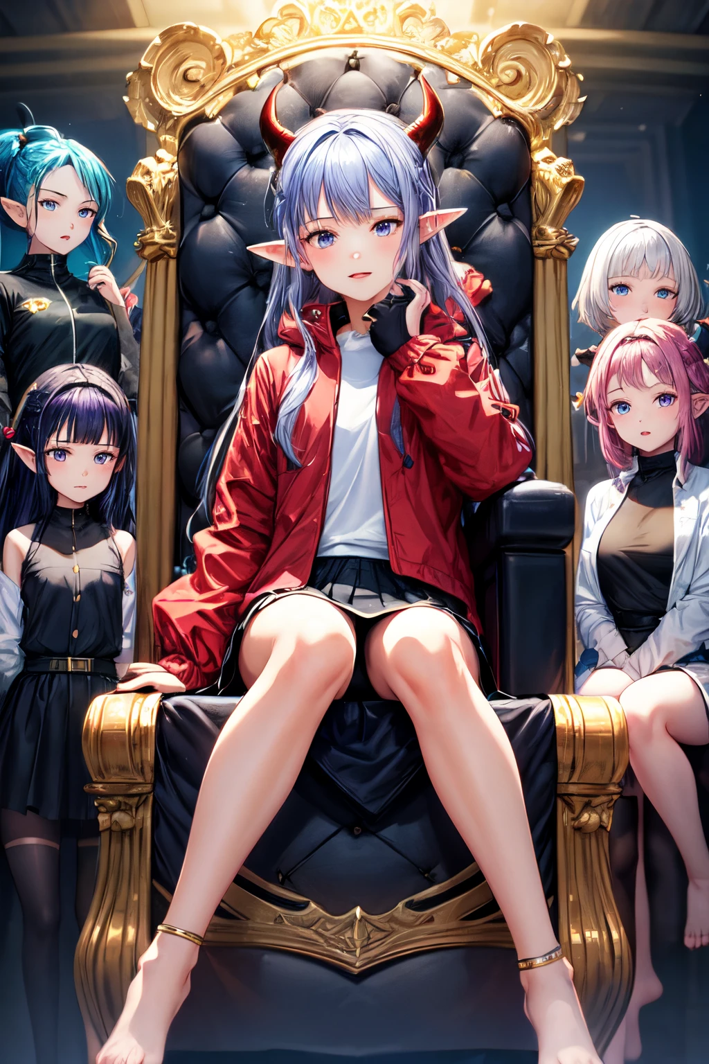 quadratic element，There are 6 people in total, 5 girls surrounding a boy，The boy  in the lower middle of the picture， 5girl、1 American boy with gray hair、Purple hair big breastrunette color hair、red colour、golden colored、blue hairs， largeeyes，a skirt、Stockings in various colors， parted lip， Be red in the face， Long legull body photo，A girl has elf ears，A girl has devil's hornully body photo，More than half of the picture shows long legs，The girl  wearing flat shoes，Wearing high heels，There are ???? feet and wearing black stockings，5 girls surrounding a boy，5 girls surrounding a boy，The boy has a throne under the girl's legs. The boy sits on the throne.，Boy's upper body black windbreaker，boy sitting on throne，The throne  purple，5 girls standing around the throne，Reduce elements，Reduce elements，A girl has devil's horns，The boy  about 20 years old。boy sitting on throne，The throne  purple，5 girls standing around the throne，boy sitting on throne，The throne  purple，5 girls standing around the throne，boy sitting on throne，The throne  purple，5 girls standing around the throne，Boy's upper body black windbreaker，Boy's lower body black clothing，Boy's upper body black windbreaker，Boy's lower body black clothing，The boy  in the lower middle of the picture。The boy  about 20 years old，The boy  tall and mighty。