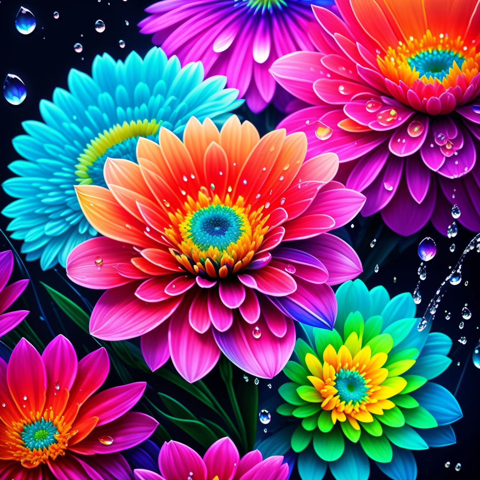 Close up of bunch of flowers with water droplets, a magical colorful flower, rich floral color, magical flowers, Vivid and rich colors, Colorful Alien Flora, colorful flower, Colorful flowers, Colorful HD Drip, Vivid and colorful, beautiful art uhd 4 k, beautiful and colorful, neon flowers, Strong and vibrant colors, colorful and vibrant, intricate vibrant colors