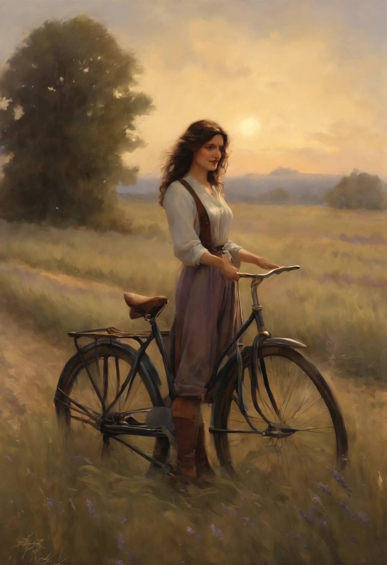 真实感, dark fantasy style, John Tolkien style, Small painting by Jean-Baptiste Monge, Soft facial features, femalep-rocker, Smiling broadly, laughs out loud, looking at away, Smiling broadly, long wavy darkbrown hair, hair blowing in wind, Smiling, laughting, stands in the center of a lavender field, In a short dark leather shirt, Shirt...., Shorts, Jeans, half trousers, mischievous character, I'I'm standing next to a bicycle, early morning, lavender field Jean-Baptiste Monge, anthropomorphic --ar 2:3 --testp -optimistic;