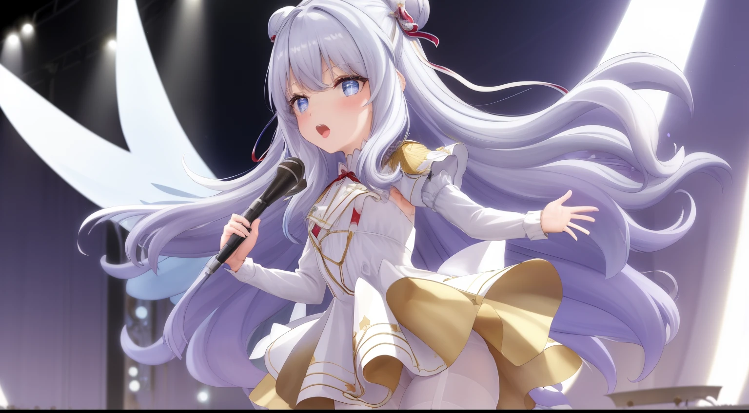 (((4k、masterpiece、top-quality))), best quality, masterpiece, le malin holding a microphone with her two hands and singing, hands on microphone, microphone, holding with two hands, open mouth, singing, le malin, star-shaped pupils, double bun, blue eyes, very long hair, hair bun, bow, white hair, sidelocks, blue hair ribbon, ribbon, white _dress, angel_wings, white_legwear, long sleeves, white dress, pleated dress, thighband pantyhose, stage,