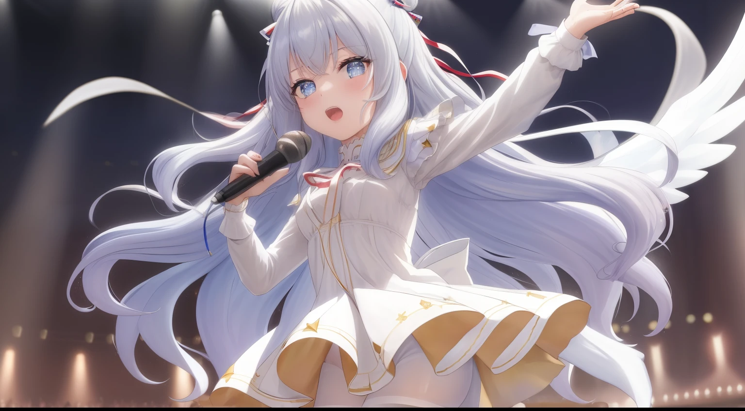(((4k、masterpiece、top-quality))), best quality, masterpiece, le malin holding a microphone with her two hands and singing, hands on microphone, microphone, holding with two hands, open mouth, singing, le malin, star-shaped pupils, double bun, blue eyes, very long hair, hair bun, bow, white hair, sidelocks, blue hair ribbon, ribbon, white _dress, angel_wings, white_legwear, long sleeves, white dress, pleated dress, thighband pantyhose, stage,