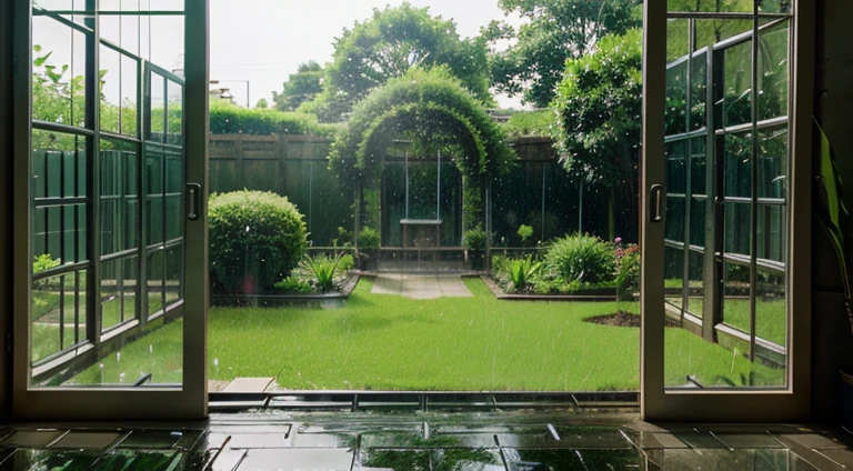 Anime rain, green garden, glass window water drops.