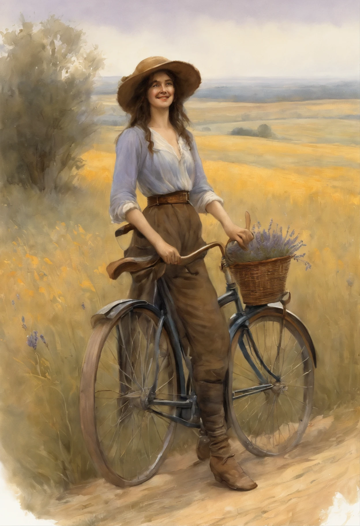 真实感, dark fantasy style, John Tolkien style, Small painting by Jean-Baptiste Monge, Soft facial features, female rocker, Smiling broadly, laughs out loud, looking at away, Smiling broadly, long wavy darkbrown hair, hair blowing in wind, Smiling, laughting, stands in the center of a lavender field, In a short dark leather shirt, dark shirt...., blue shorts, blue jeans, half trousers, mischievous character, I'I'I'm standing next to a bicycle, early morning, lavender field Jean-Baptiste Monge, anthropomorphic --ar 2:3 --testp -optimistic;