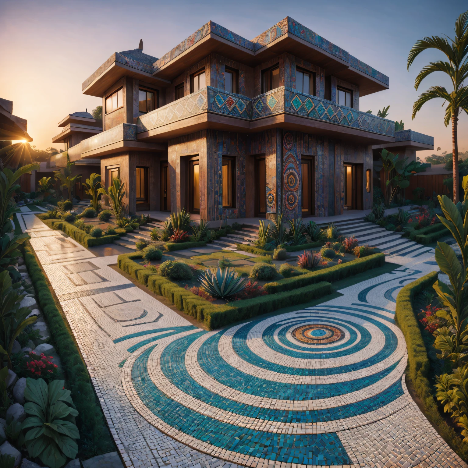 ((Tribal style villa)), external garden, Mosaic tribal sculpture, flagstone road, the sunset, hyper realisitc, Ahfu future, hyper realisitc, artistic décor, concept-art, 3D future, lightand shade contrast, Ray traching, mosaic art, wide wide shot, Best quality at best, A high resolution, Award-Awarded, tmasterpiece, 4K