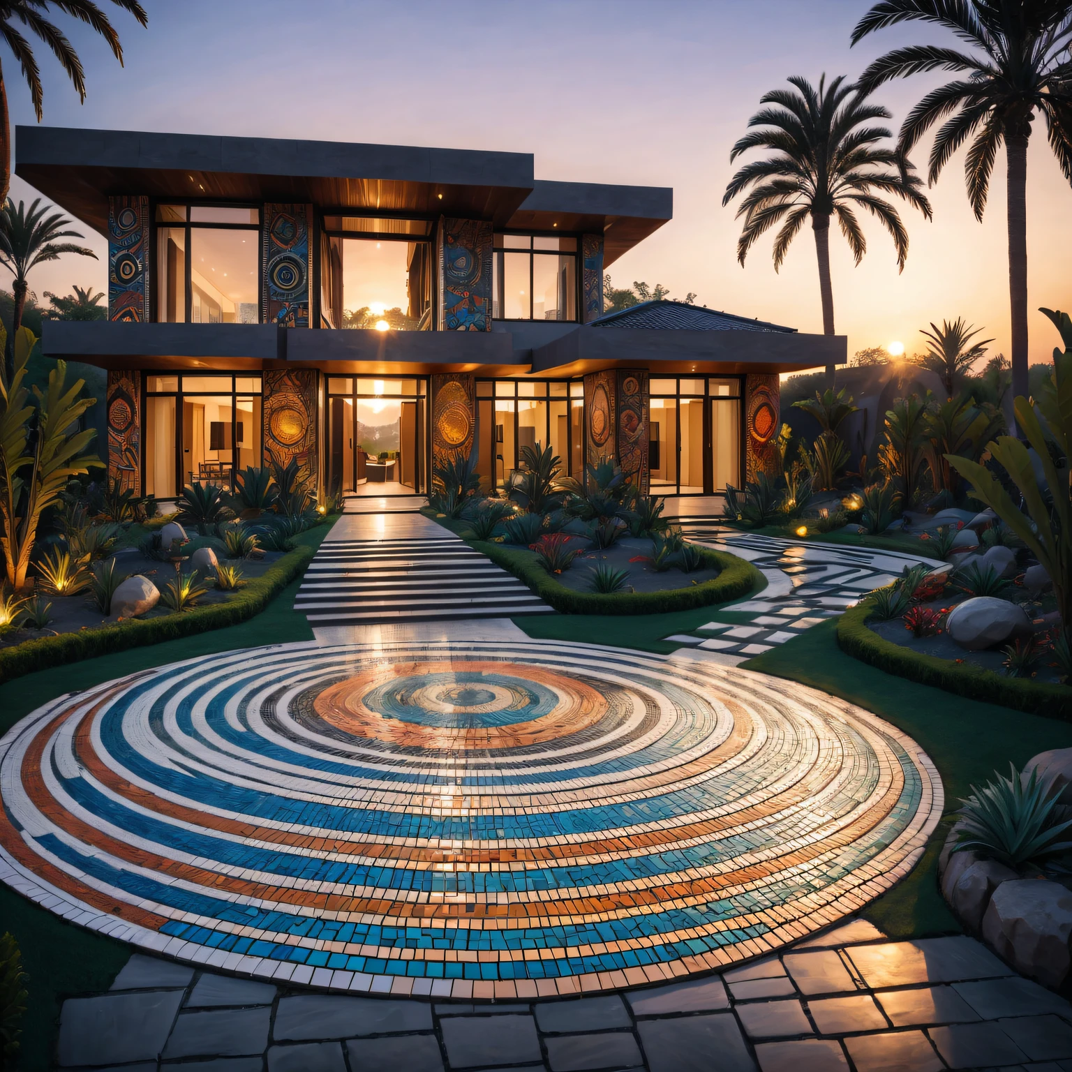 ((Tribal style villa)), external garden, Mosaic tribal sculpture, flagstone road, the sunset, hyper realisitc, Ahfu future, hyper realisitc, artistic décor, concept-art, 3D future, lightand shade contrast, Ray traching, mosaic art, wide wide shot, Best quality at best, A high resolution, Award-Awarded, tmasterpiece, 4K