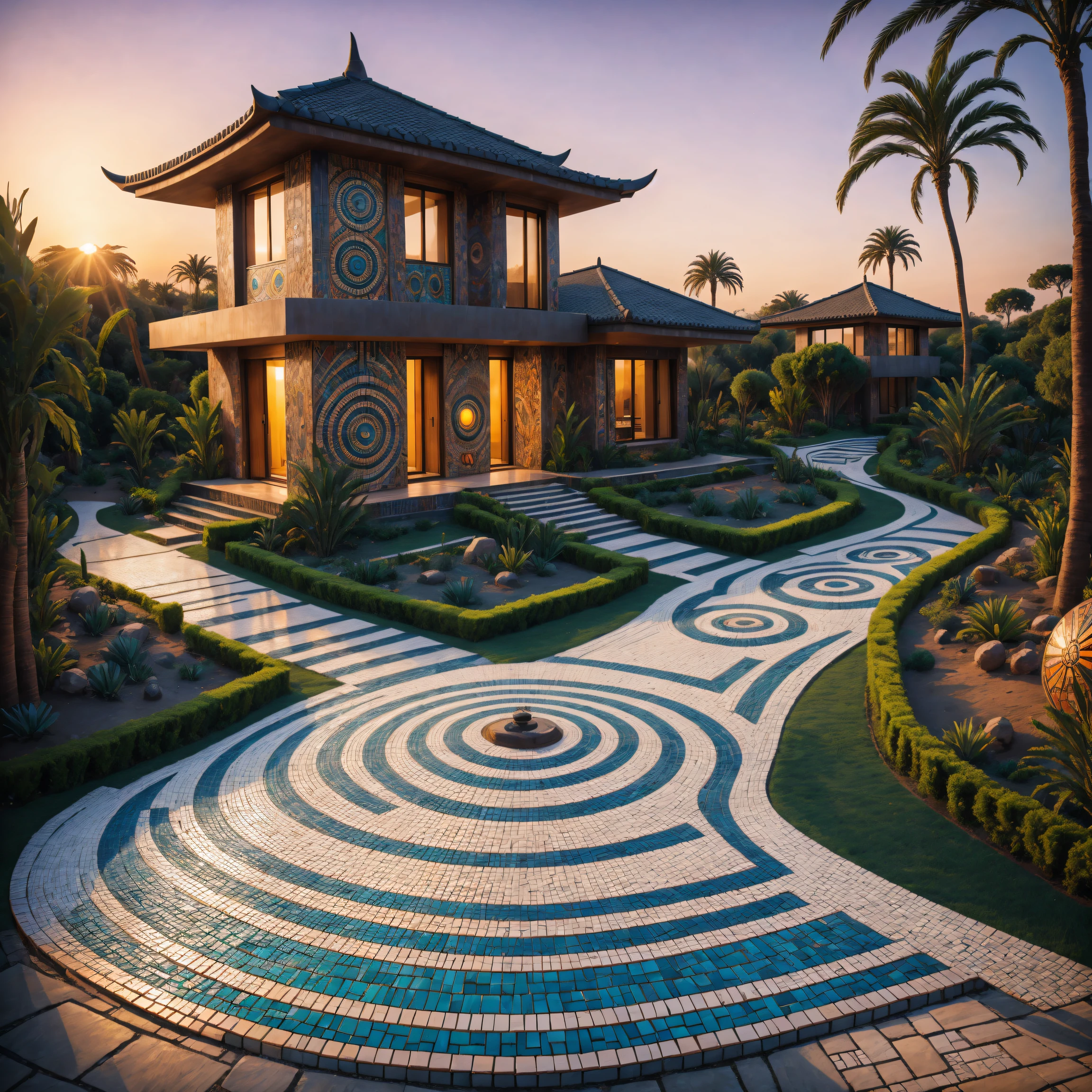 ((Tribal style villa)), external garden, Mosaic tribal sculpture, flagstone road, the sunset, hyper realisitc, Ahfu future, hyper realisitc, artistic décor, concept-art, 3D future, lightand shade contrast, Ray traching, mosaic art, wide wide shot, Best quality at best, A high resolution, Award-Awarded, tmasterpiece, 4K