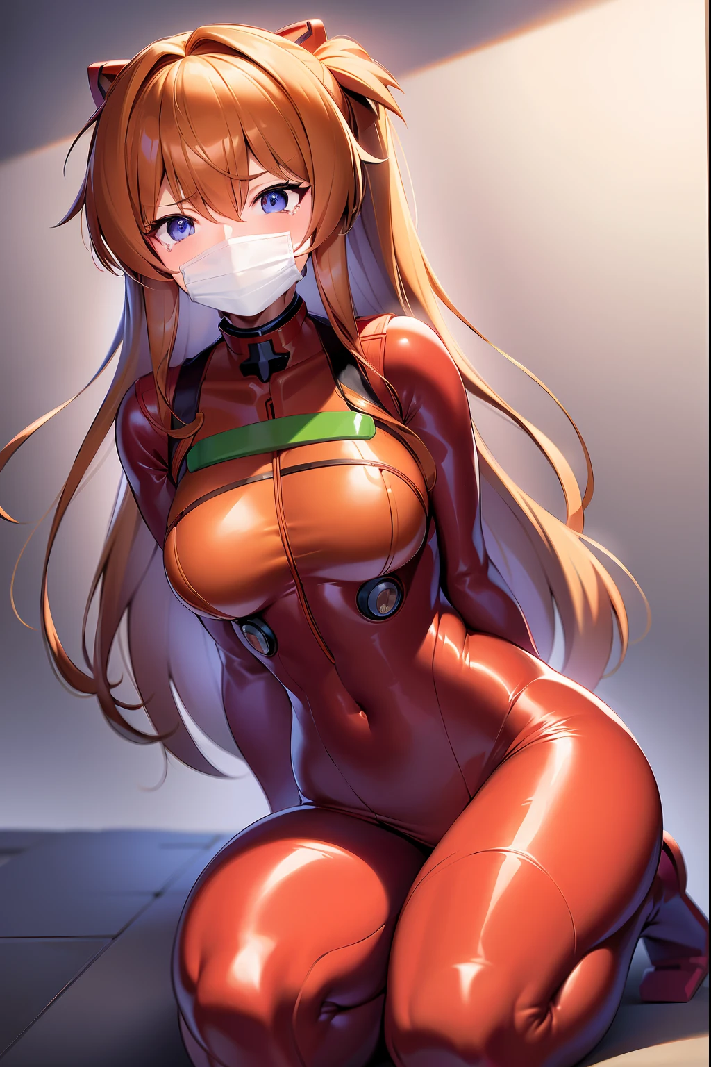 ​masterpiece, top-quality, Hi-Res, 1girl in, asuka plugsuit,(red plugsuit),looking at the viewers,BREAK (masutepiece:1.2), Best Quality, High resolution, Unity 8k壁纸, (Illustration:0.8), (Beautiful detailed eyes:1.6), extra detailed face, Perfect Lighting, extremely details CG, (Perfect hands, Perfect Anatomy), ,NSFW, ,shackle、BDSM、gag、nedium breasts、Gagged、独奏、ropes、Improvisational gags, Detained, arms behind back, looking at viewert, bind, tied arms, tied legs、Crying face、mouth gag