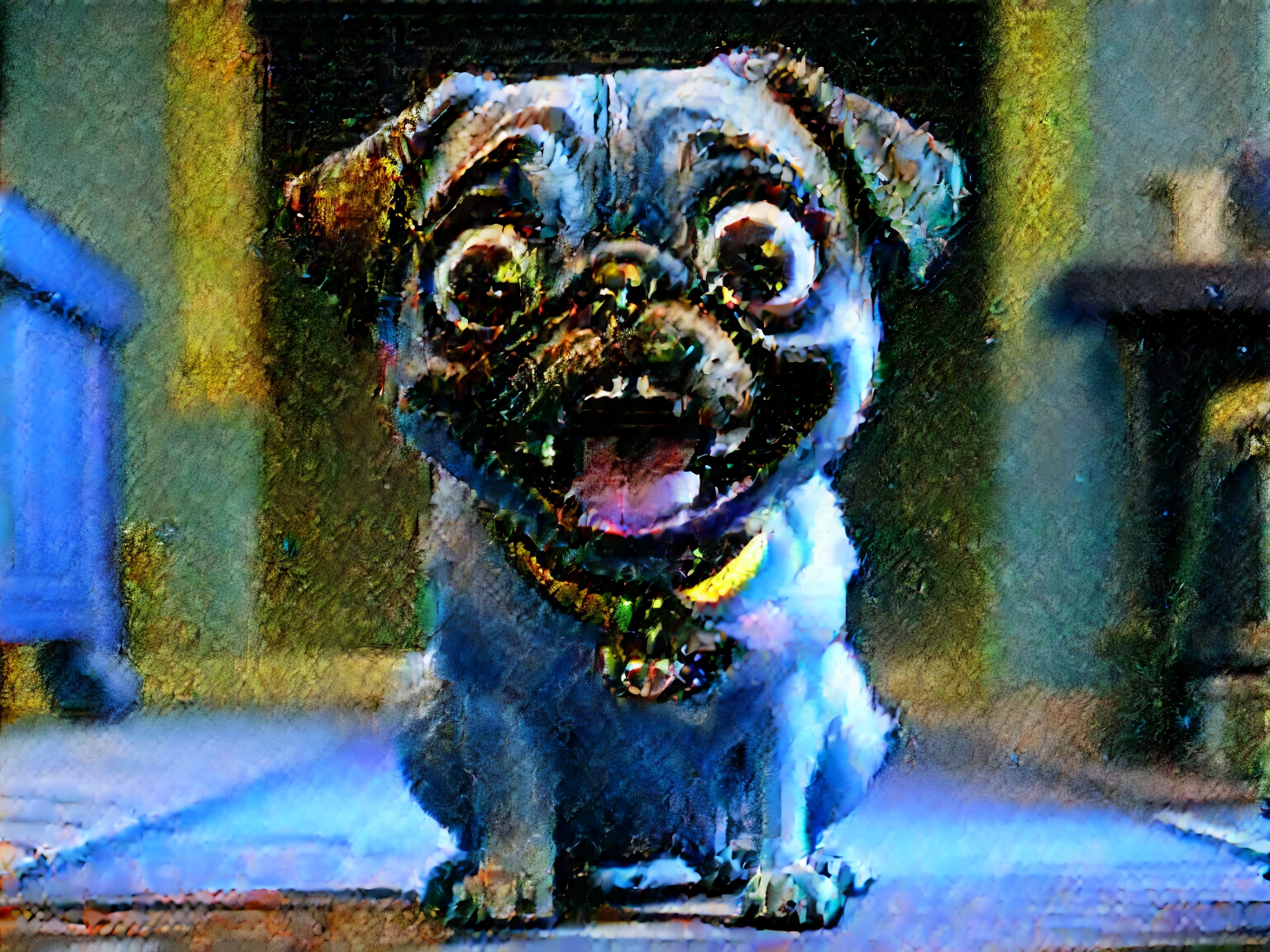 a pixar render of an overly excited pug dog