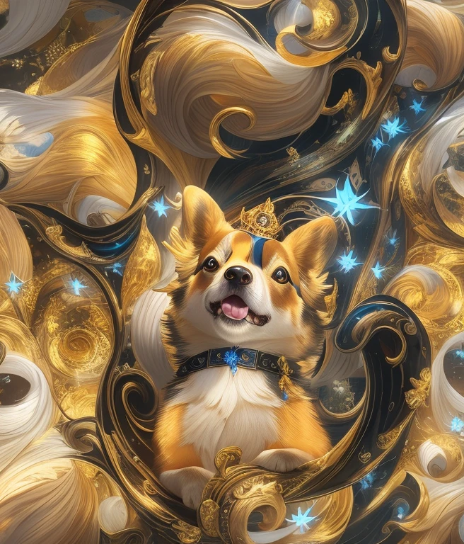 Masterpiece, cute fantasy Welsh Corgi, glowing effect, glass morphism style ornate, dynamic, centered, sharp focus, beautiful detailed, face very realistic, hyper detailed, cartoon, cinematic, raytrace,