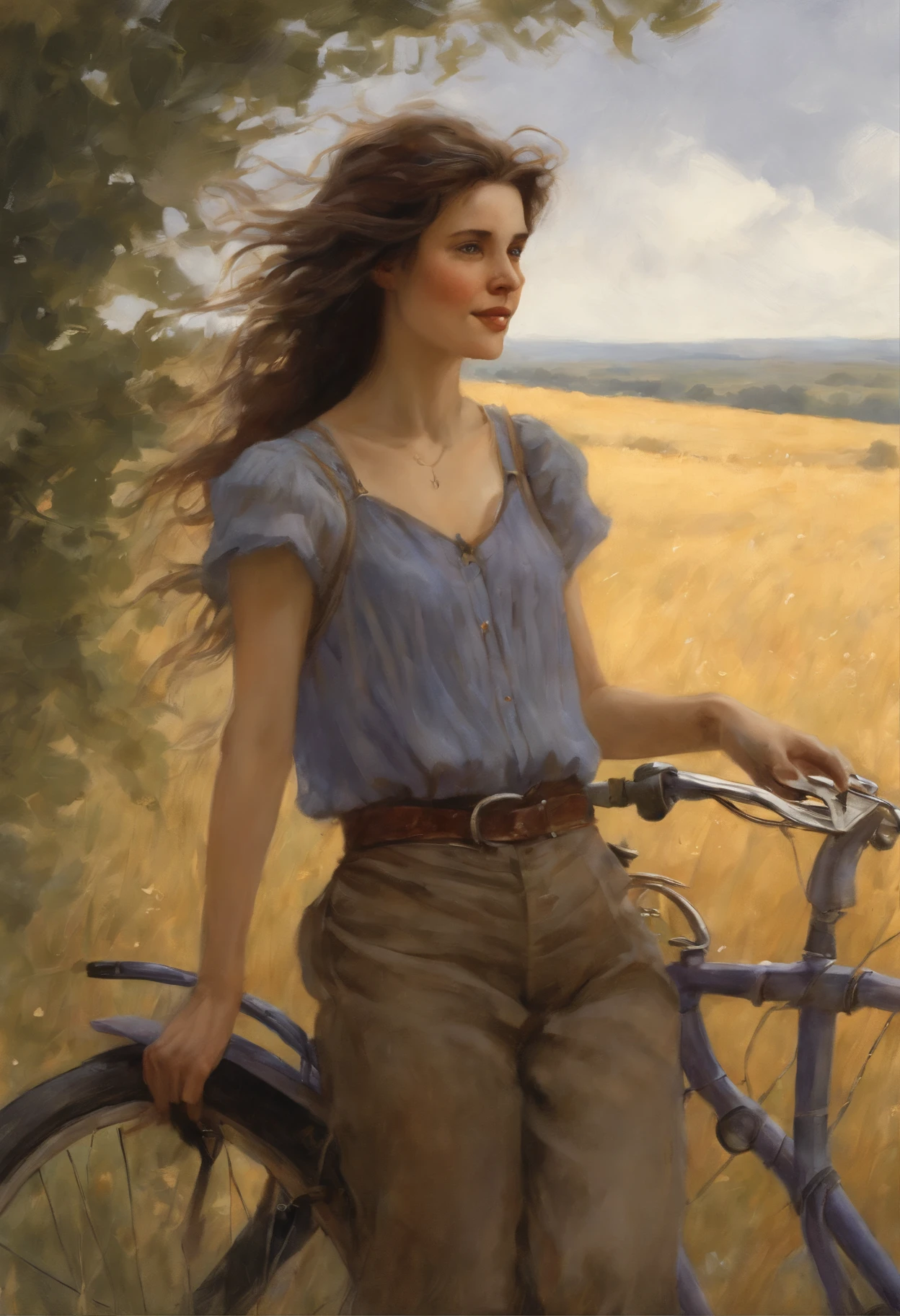 真实感, dark fantasy style, John Tolkien style, Small painting by Jean-Baptiste Monge, Soft facial features, female rocker, Smiling broadly, laughs out loud, looking at away, Smiling broadly, long wavy darkbrown hair, hair blowing in wind, Smiling, laughting, stands in the center of a lavender field, In a short dark leather shirt, dark shirt...., blue shorts, blue jeans, half trousers, mischievous character, I'I'I'm standing next to a bicycle, early morning, lavender field Jean-Baptiste Monge, anthropomorphic --ar 2:3 --testp -optimistic;