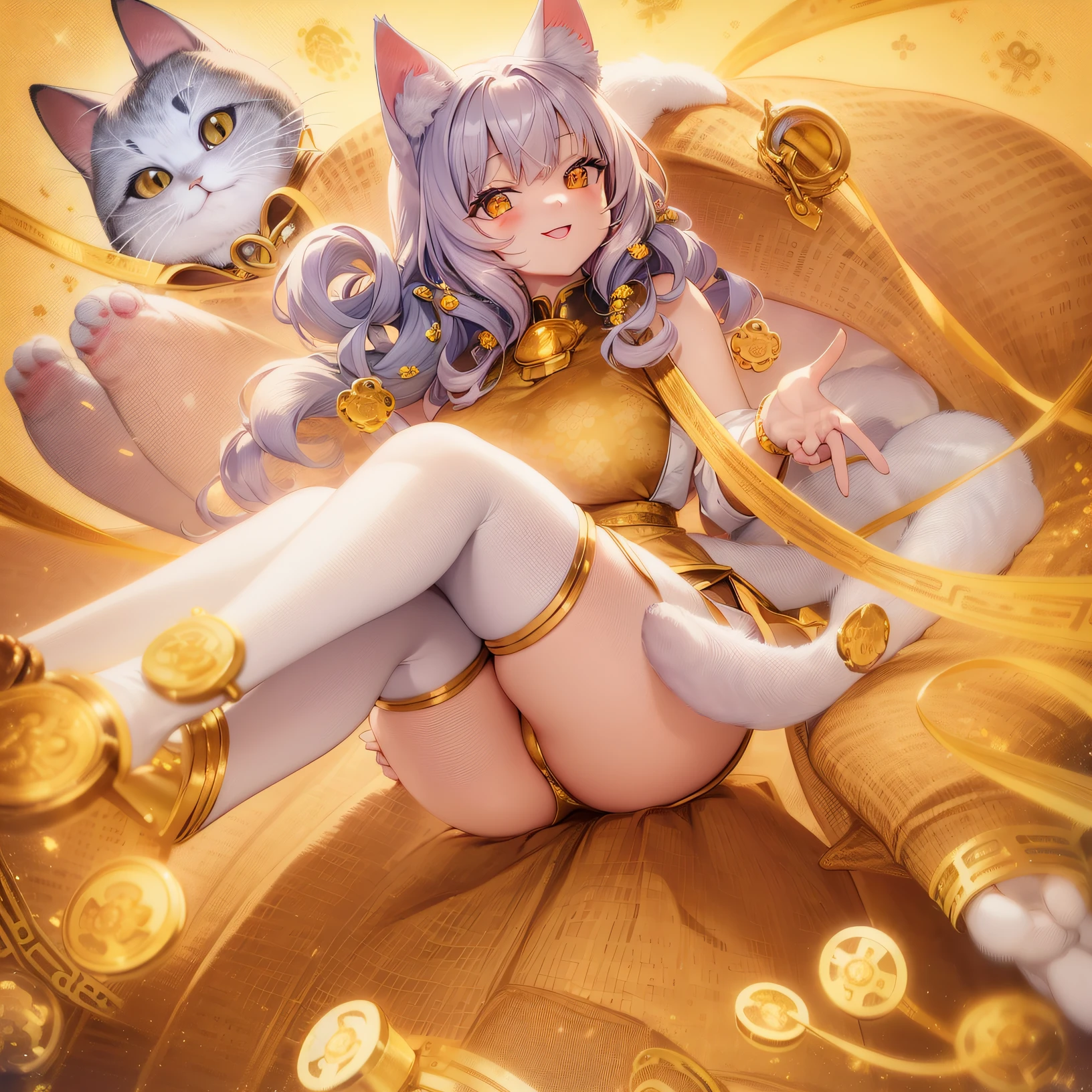 Kawaii cat, The smile of the cat, happy cat, Anime visuals of a cute cat, Lucky Cat,Gold coins in hand,There are many gold coins chibi gray cat, One cute cat, Cute cat, A smiling cat, cat design, anime cat, fat cat, Nothing, Cute big breasts:2, Illustration of a cat,The background red