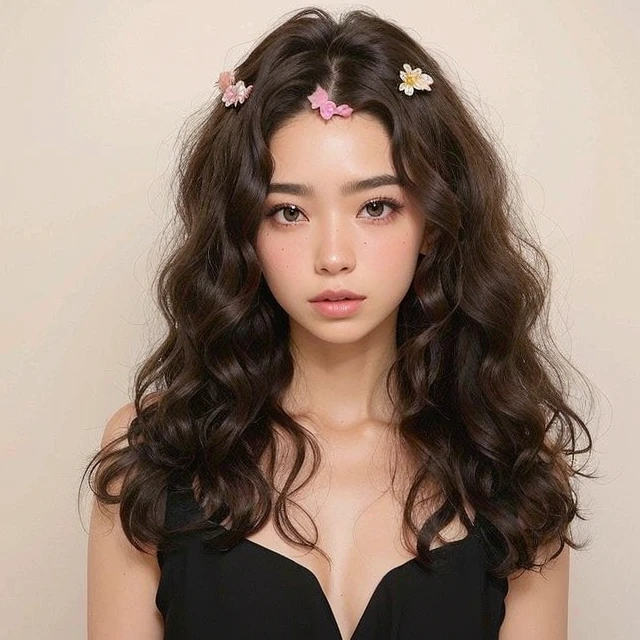 Mujer arafed con cabello largo y oscuro con un vestido negro y flores rosadas en el cabello., cabello ondulado hasta los hombros, con cabello largo y rizado, Corte de pelo rizado en la parte media, ulzzang, Peinado kawaii, cabello largo y rizado, cabello ondulado, peinado grande y desordenado, Peinado ondulado, cabello de longitud media, Medium - long curly brown hair, con rizado largo