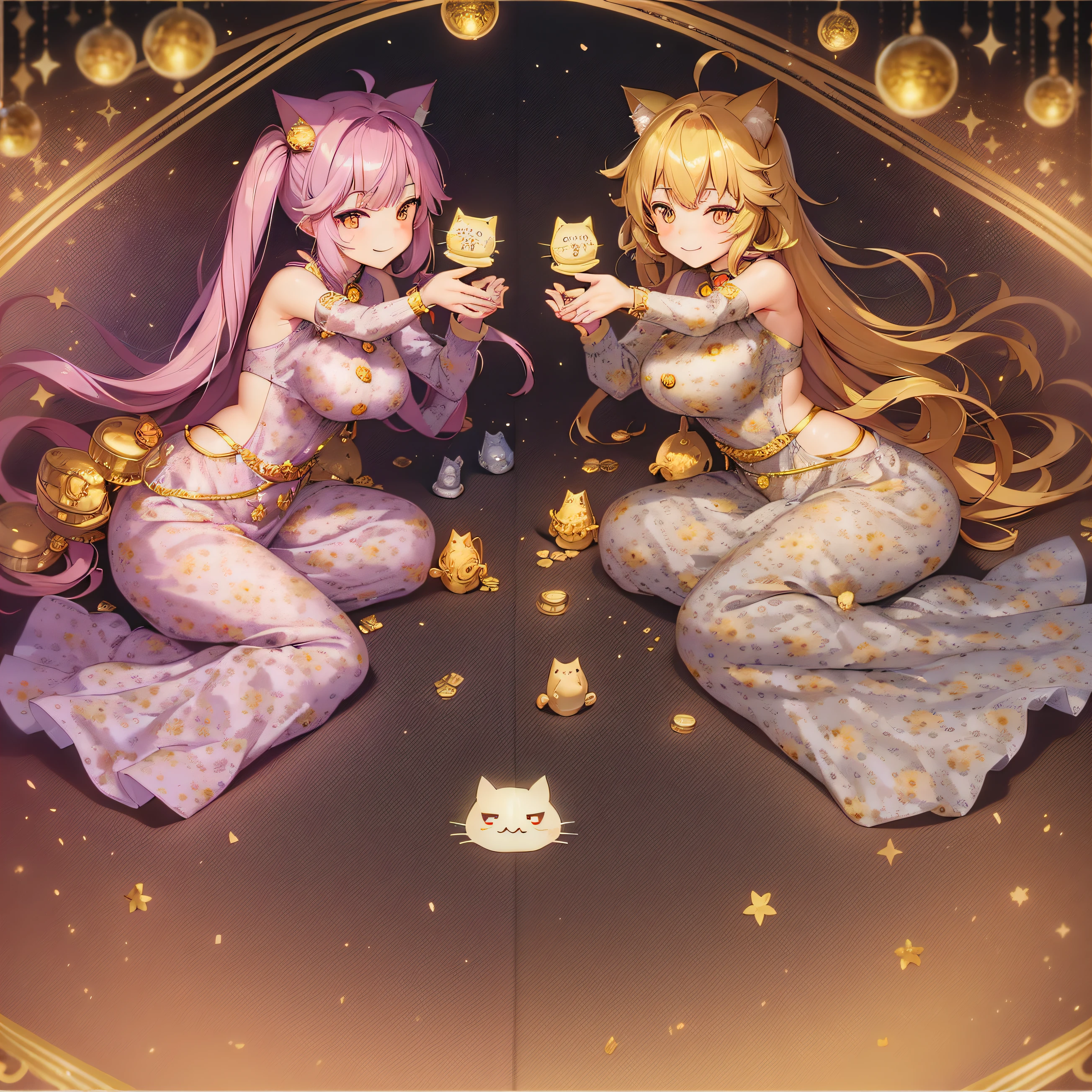 Kawaii cat, The smile of the cat, happy cat, Anime visuals of a cute cat, Lucky Cat,Gold coins in hand,There are many gold coins chibi gray cat, One cute cat, Cute cat, A smiling cat, cat design, anime cat, fat cat, Nothing, Cute big breasts:2, Illustration of a cat,The background red
