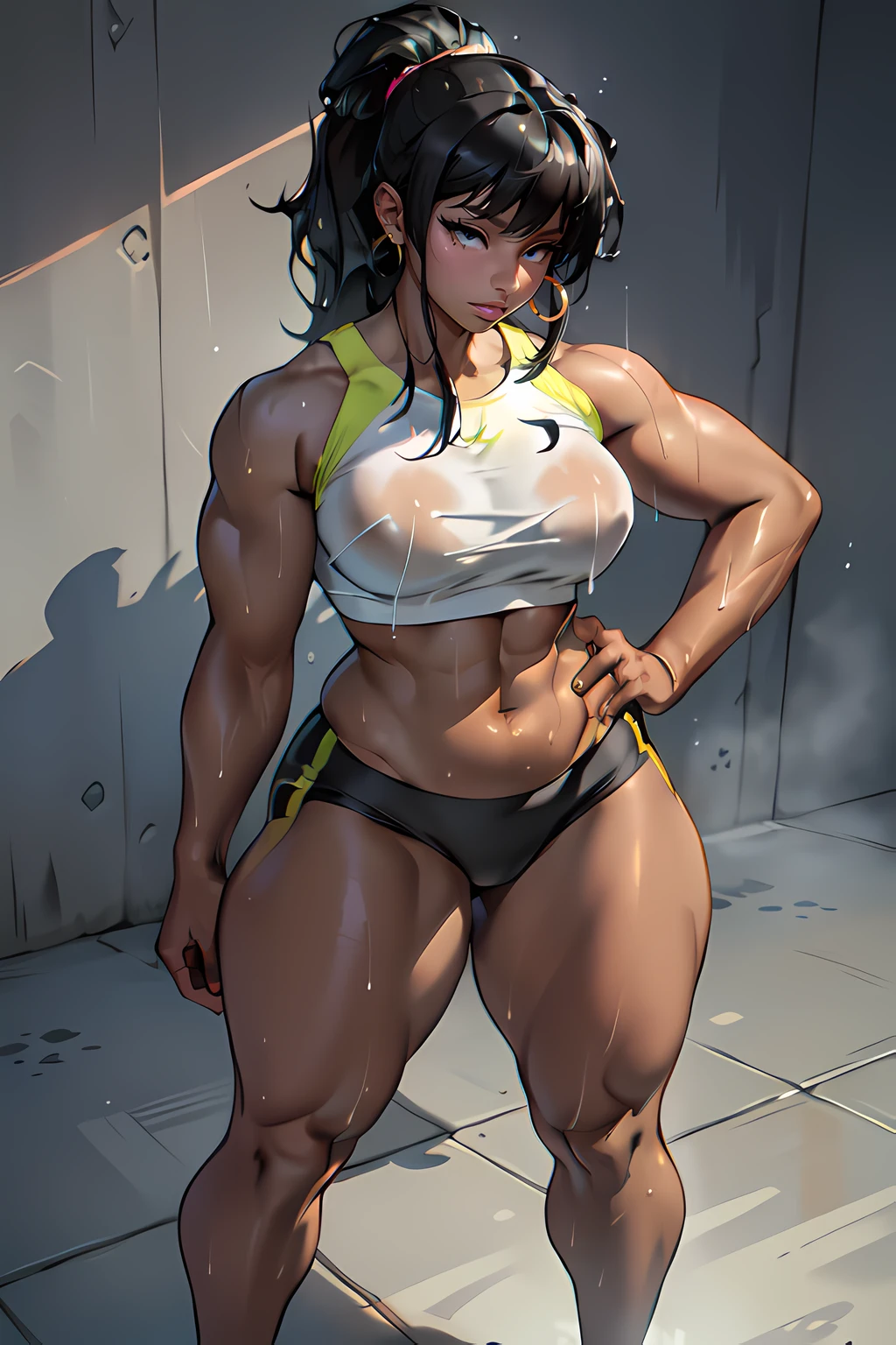 masterpiece, 1girl, (full body)
((dark skin)), ((((tall)))), toned, medium breasts, (((nagatiti))), (((thick thighs))), (((wide hips))), (chubby), long flowing hair, (ponytail with bangs), tight track bra, tight track shorts, grey background, (((wet and shiny skin))), studio lighting emphasizing the girl's athletic physique