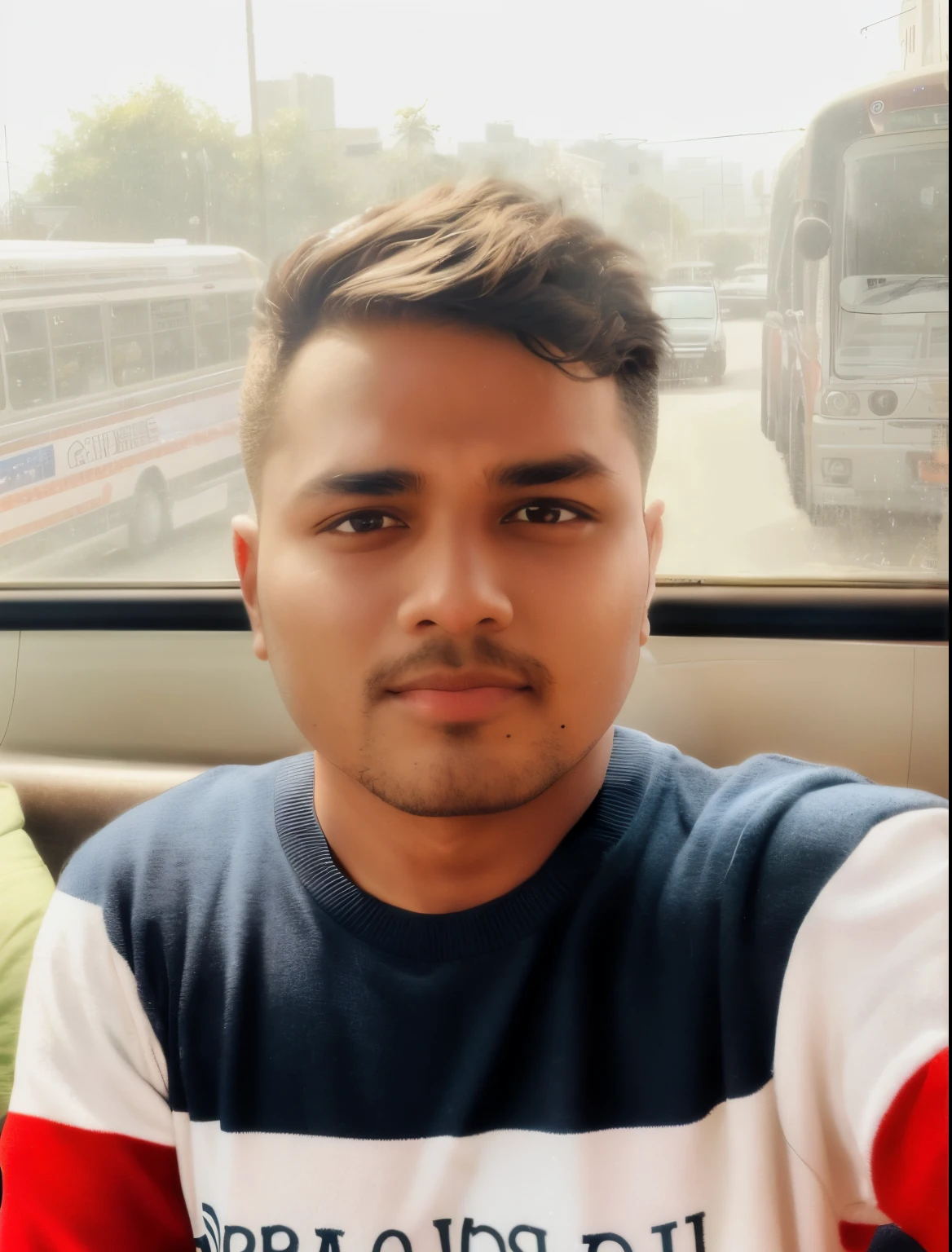 there  a man sitting on a bus looking at the camera, with accurate face, without helmet, around 1 9 years old, good looking face, face picture, inspired by Bikash Bhattacharjee, with round face, 8k selfie photograph, harsh good looking face, taken with sony alpha 9, jayison devadas, photo taken in 2 0 2 0