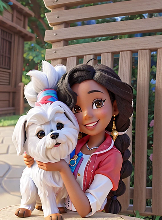 Poster estilo Pixar Disney, A child,uma garota afro, braided hair, black woman holding a dog and smiling at the camera, segurando seu yorkshire terrier, Directed by: Samuel Silva, cabrito, Shih Tzu, with dogs, havanese dog, Directed by: Fernando Gerassi, Directed by: David Rubi, Directed by: Samuel Silva, Directed by: Sam Dillemans, garotada, um alambique de um feliz, Directed by: Felipe Seade, Miko, Malika Favre, Estilo Disney da Pixar
