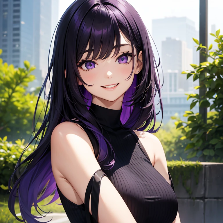 A 25 years old girl, her hair color DARK VIOLET , eye color purple, wearing sassafras black high neck sleeveless dress, smiling face, looking at viewer