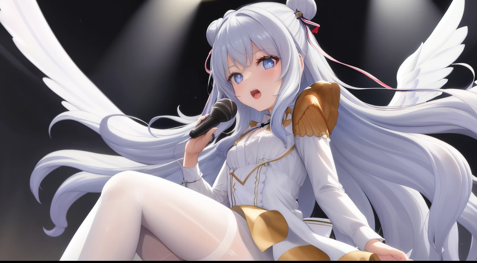 (((4k、masterpiece、top-quality))), best quality, masterpiece, le malin holding a microphone with her two hands and singing, hands on microphone, microphone, holding with two hands, open mouth, singing, le malin, star-shaped pupils, double bun, blue eyes, very long hair, hair bun, bow, white hair, sidelocks, blue hair ribbon, ribbon, white _dress, angel_wings, white_legwear, long sleeves, white dress, pleated dress, thighband pantyhose, stage,