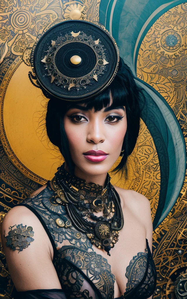 African woman with a hat on her head and a necklace, ornate , elaborate ornate head piece, portrait of lady mechanika, ornate headpiece, a steampunk beautiful goddess, intricate portrait, ornate portrait, portrait of circus artist, wearing steampunk top hat, wearing an ornate outfit, intricate costume design, ornate metal gold headpiece, inspired by Hedi Xandt
