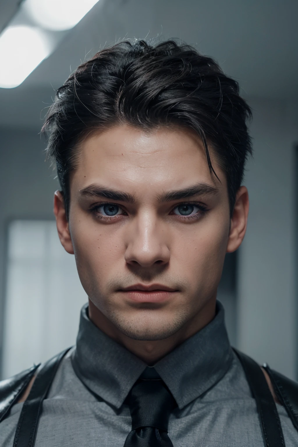 best quality, icy blue eyes, hunter eyes, hunter eye shape, fair skin, perfect face, slim nose scar below left eye, spiky ear length hair, k-pop hair, black hair with light gray strikes, black hair,  genshin impact, realistic, handsome, muscled, beefy, young man, gray shirt with dark red tie