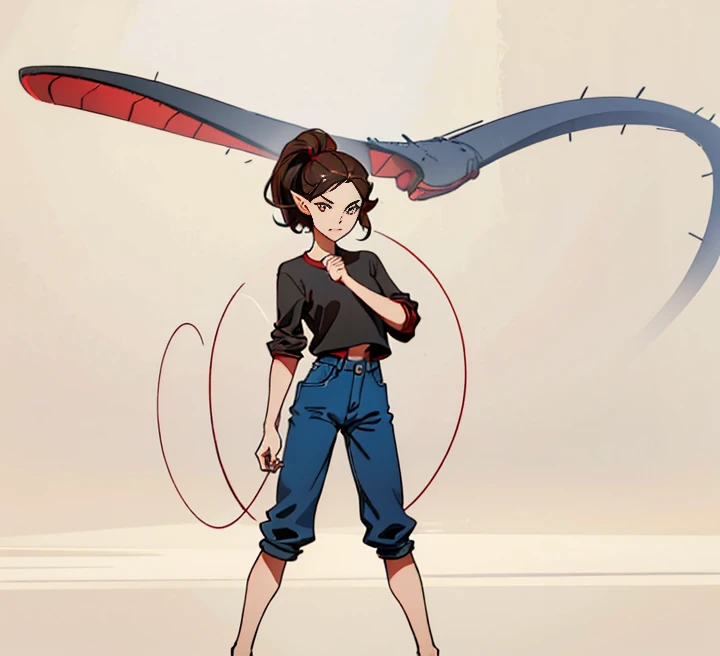 Crimson top，Dark blue pants highlight the waistline，A ball head，Brown hair，Black colored eyes，dark red shoes，one-girl，stand posture，Show off your exquisite facial featureace HD restoration，Game standing diagram，（（five finger）），right hand stretched out，Handsome image，Ears exposed，larger handposing ankle