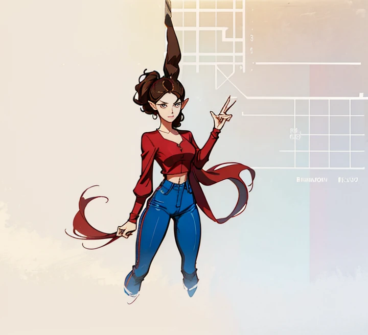 Crimson top,Dark blue pants highlight the waistline,A ball head,Brown hair,Black colored eyes,dark red shoes,one-girl,stand posture,Show off your exquisite facial featureace HD restoration,Game standing diagram,((five finger)),right hand stretched out,Handsome image,Ears exposed,larger handposing ankle