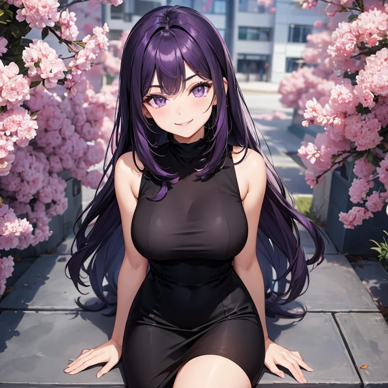 A 25 years old girl, her hair color DARK VIOLET , eye color purple, wearing sassafras black high neck sleeveless dress, smiling face, looking at viewer
