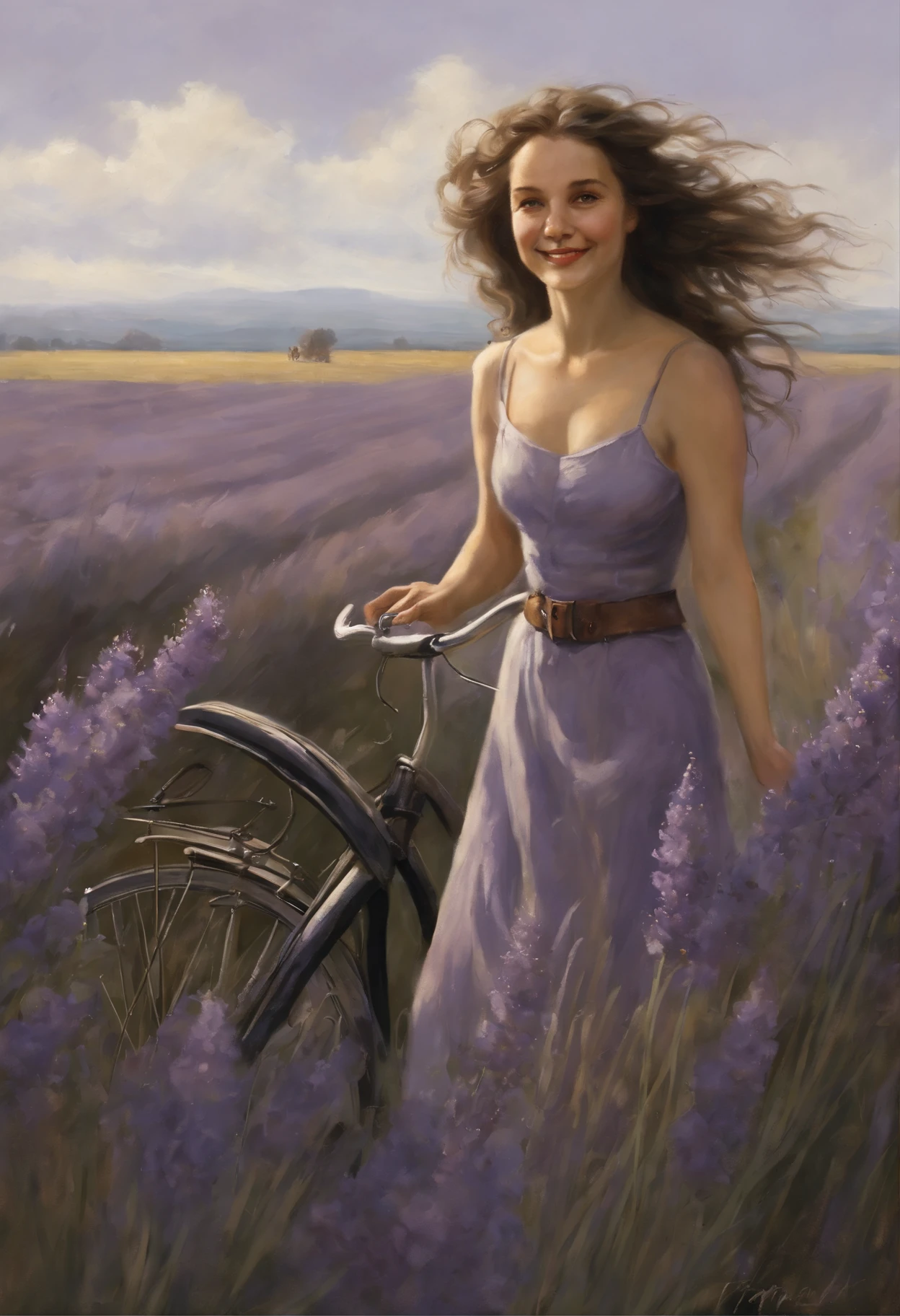 真实感, dark fantasy style, John Tolkien style, Small painting by Jean-Baptiste Monge, Soft facial features, female rocker, stands in the center of lavender flowers, Smiling broadly, laughs out loud, looking at away, Smiling broadly, long wavy darkbrown hair, hair blowing in wind, Smiling, laughting, stands in the center of a lavender field, In a short dark leather shirt, Dark shirt and shorts, mischievous character, I'I'I'I'I'm standing next to a bicycle, early morning, lavender field Jean-Baptiste Monge, anthropomorphic --ar 2:3 --testp -optimistic;